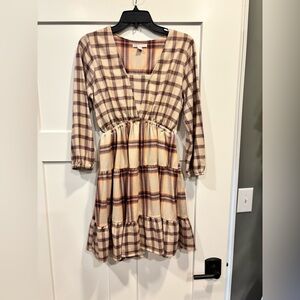 Cato A Line Dress Size SM Tan Multi Plaid Tiered Stretch 3/4 Sleeve Boho Mini